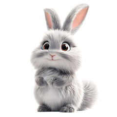 A Fluffy 3D Cartoon Rabbit with Long Droopy Ears Sitting Down with Its Eyes Open Isolated on Transparent Background