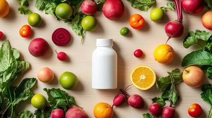a white plastic vitamin bottle featuring fruits and vegatables in soft focus. The background is a light wooden surface covered by red beets, green leaves, oranges, lemons, bright limes