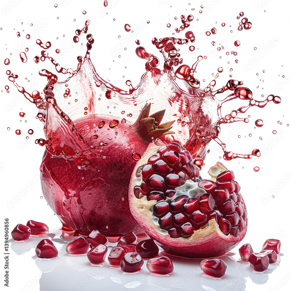 Poster dynamic splash effect of pomegranate juice photography on plain white background -speed capture stud