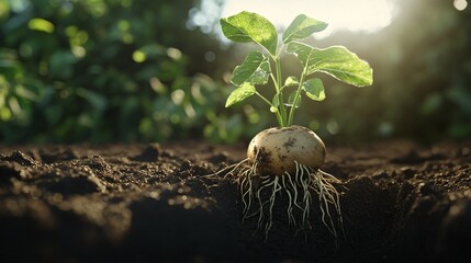 Obraz premium Potato sprout emerging, soil, sunlight, field, growth