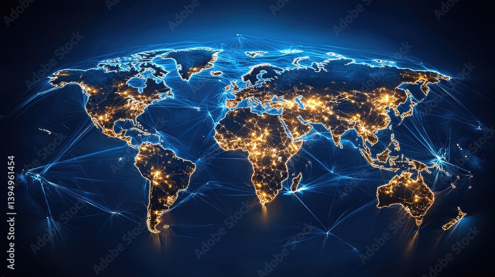 Poster a futuristic representation of the global network with a digital world map, blue grid, and data wave