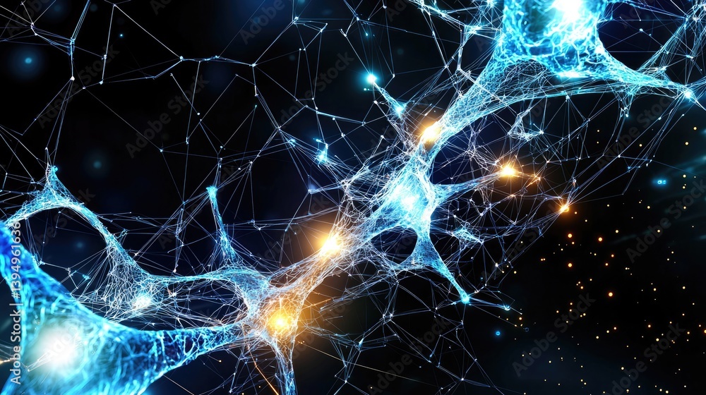 Aufkleber a glowing blue futuristic network of hexagons with advanced tech elements on a dark background.