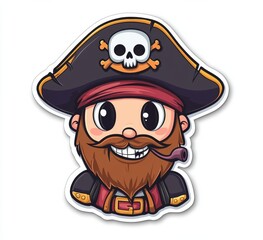 In a cartoon portrayal, a pirate captain with closed eyes enjoys his pipe, donning a tricorne hat embellished with feathers and beads, and a gold earring