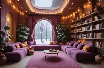 Obraz premium Inviting purple living room with comfy sofa, bookshelves, plants, warm lights, and winter scenery outside.
