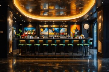 Elegant bar area with green stools lined up against a dark counter.  A warm golden glow from above illuminates the polished floor and back wall displays art pieces.
