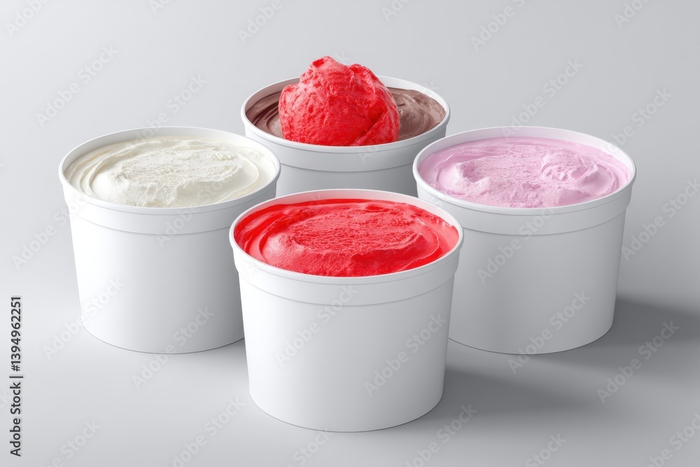 Aufkleber assorted ice cream flavors in white containers on a gray background in a studio setting with a high 