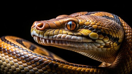 Obraz premium Macro Snake Photography: Close-Up Big Snake Head & Body, Isolated Black Background Minimalist Image