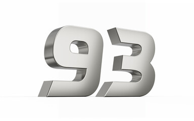 33d Silver number 90 Ninety three sleek metallic look isolated on white background, 3d illustration