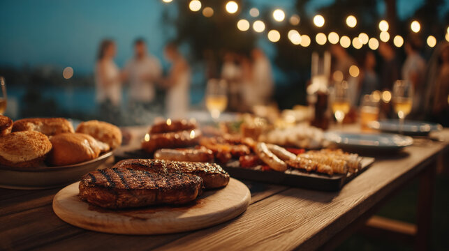 Grilled steak bbq party with friends and family outdoor summer dinner celebration food and drink concept - Powered by Adobe