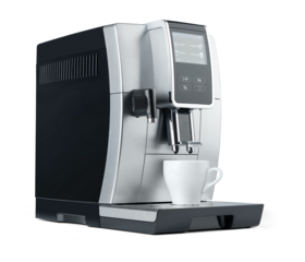 Modern automatic coffee machine with digital display and white cup, isolated on a transparent background PNG.