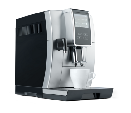 Modern automatic coffee machine with digital display and white cup, isolated on a transparent background PNG.