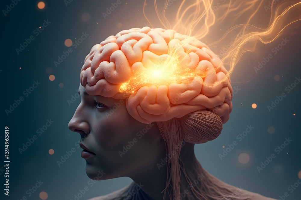 Poster conceptual art showing mind expansion and thought processes, depicting a person with a radiant brain