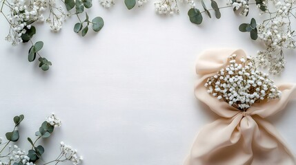 Delicate white flowers and eucalyptus leaves framing a blank space on white background
