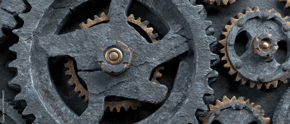 Poster detailed close up of interlocking gears with metallic texture showing engineering precision and indu