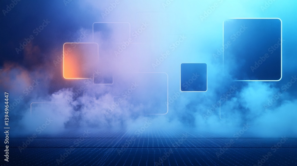 Poster futuristic glowing square frames floating over grid floor in smoky atmosphere