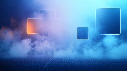 Futuristic glowing square frames floating over grid floor in smoky atmosphere