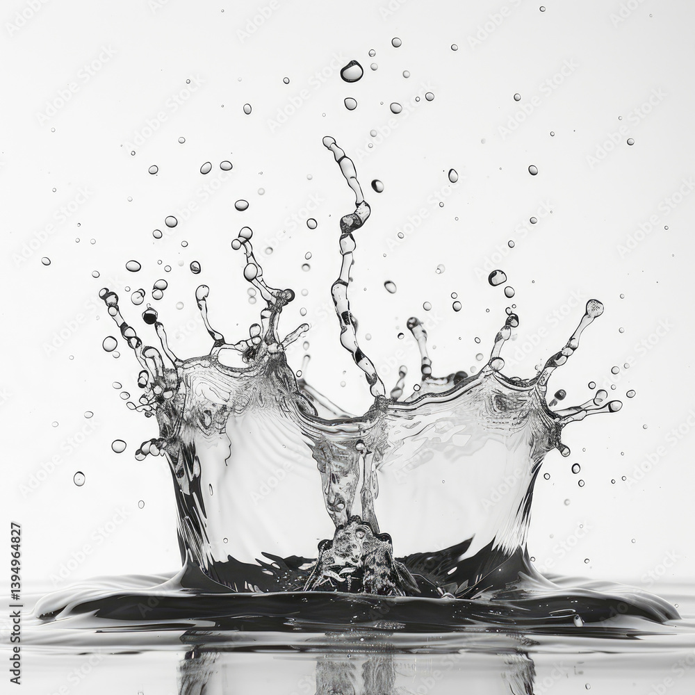 Poster dynamic splash effect of water in -speed photography captured against a solid white background for a