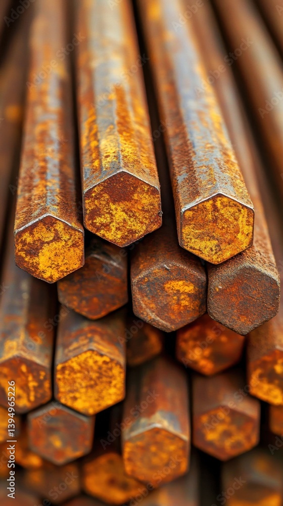 Poster stack of weathered hexagonal metal bars showing rust and texture in warm tones industrial material