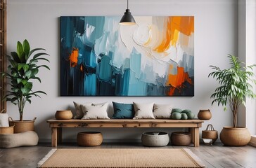 An interior scene with a large abstract painting, wooden bench, plants, and woven accents in a bright, welcoming space. The painting has strokes in varying hues and forms a focal point.