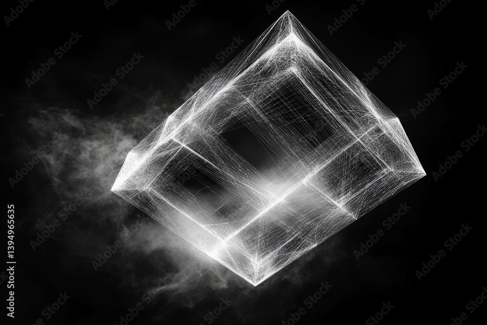 Poster futuristic data visualization with holographic wireframes forming evolving polyhedrons and fractals 