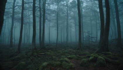 Fototapeta premium Gloomy spooky foggy dark forest landscape Mysterious horror forest background 3D illustration,fog, horizontal, horror, loneliness, no people, photography, 945