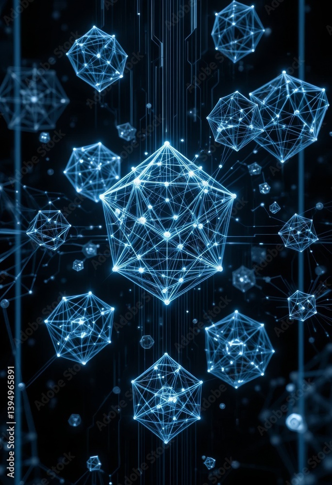 Poster futuristic data visualization with holographic wireframes forming evolving polyhedrons and fractals 