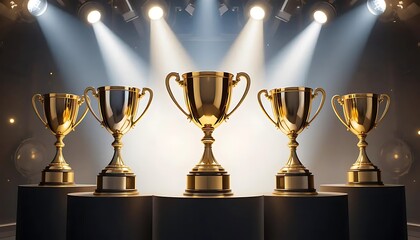 Golden Trophy Awards on Stage Illuminated by Spotlights for Champions