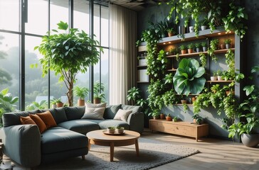 Indoor living space blooming with green plants and natural light. Sectional sofa, wooden furniture, and a light-colored carpet, creating a relaxing and natural vibe.