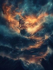 Huge Ship Braving a Furious Ocean Storm with Dramatic Golden Sunlight