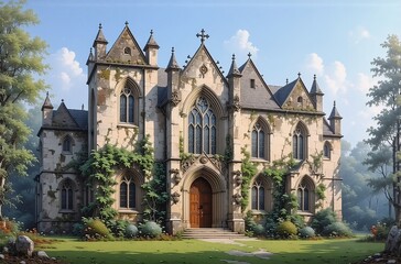Obraz premium Old stone gothic structure, with lush green vegetation, sitting on a grassy knoll. Sunlight bathes the facade, while trees frame the view, hinting at a mysterious, peaceful setting.