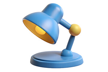 A cheerful blue desk lamp casts a warm glow, illuminating a quiet study space with its playful, cartoonish design and bright yellow bulb.