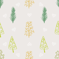 Seamless pattern with hand drawn fir trees. Vector illustration.