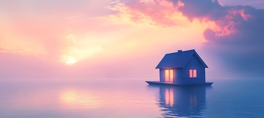 A serene floating cottage drifts on a calm sea, bathed in the soft glow of sunset. Sky space available for branding