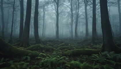 Obraz premium Gloomy spooky foggy dark forest landscape Mysterious horror forest background 3D illustration,fog, horizontal, horror, loneliness, no people, photography, 45