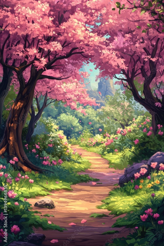 Poster enchanting pathway through a vibrant spring forest with blooming cherry trees and distant castle cre