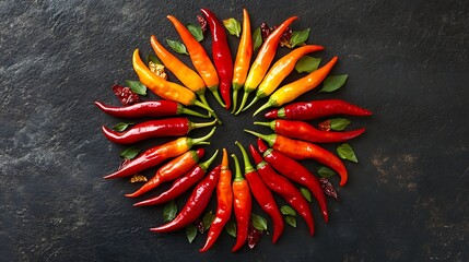 A creative chili presentation featuring a gradient of peppers shaped into a fiery sunburst 