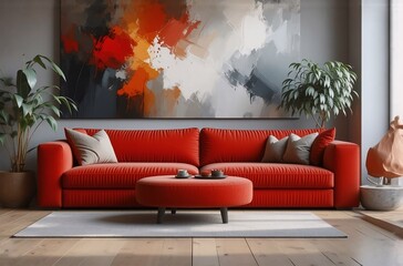 Obraz premium The image shows a modern living room featuring a bright orange sofa, a circular ottoman, plants, and an abstract painting adding warmth and art. The room has a grey wall and wood floor.