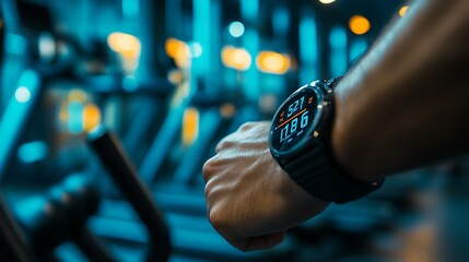 Close-up of a person's wrist displaying a digital watch with fitness metrics in a modern gym environment focused on a workout routine and technology