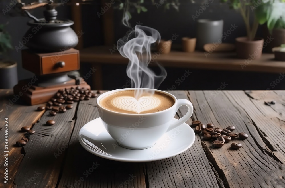 Poster a steaming cup of coffee with a heart design sits on a saucer atop a rustic wooden table. coffee bea