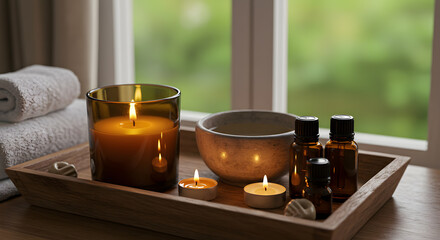 Spa Still Life: Candles, Towels, and Aromatherapy Oils by Window.