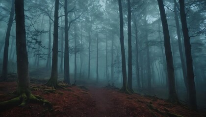 Fototapeta premium Gloomy spooky foggy dark forest landscape Mysterious horror forest background 3D illustration,fog, horizontal, horror, loneliness, no people, photography, 34