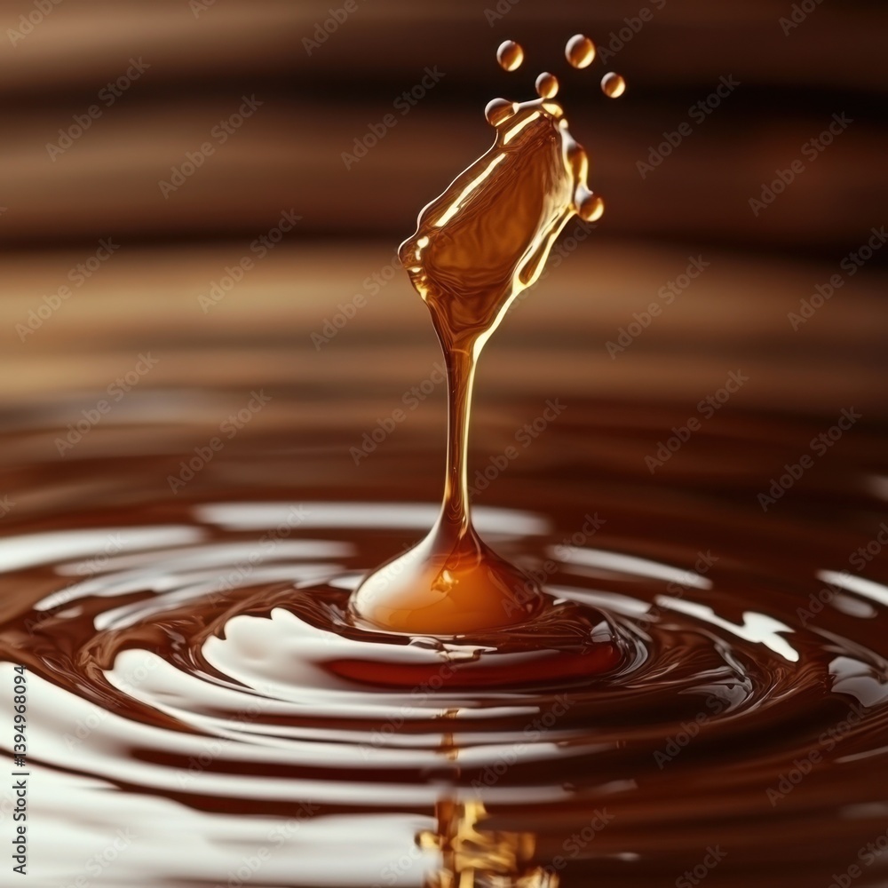 Poster captivating close up of a golden liquid drop creating ripples in a dark brown liquid surface with a 