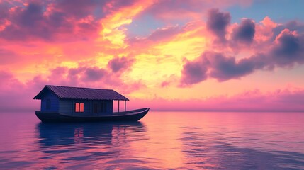 A peaceful houseboat anchored by the coast, surrounded by the warm hues of a colorful sunset