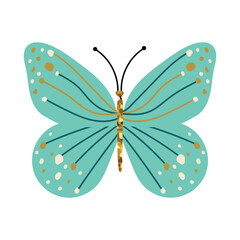 Light turquoise butterfly with gold and white decorative dots and glittery body. Cute whimsical insect.