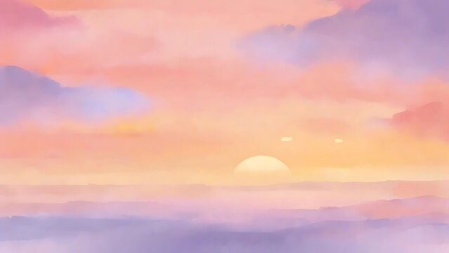 Pastel Sunset Illustration With Soft Clouds And Mountains Landscape Background