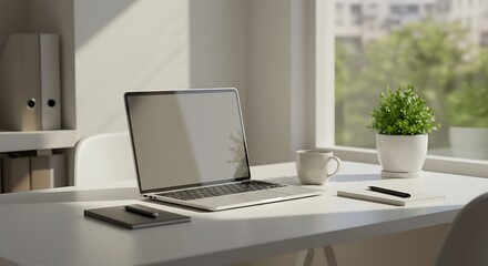 Fototapeta premium Modern office workspace with laptop, coffee cup, notepad, and plant on a clean desk, minimalistic style, natural light