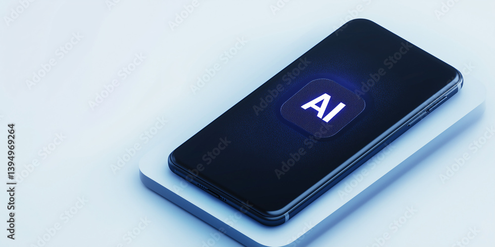 Poster ai technology on smartphone: a sleek smartphone displays the ai symbol, representing the intersectio
