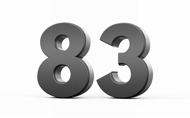 Sleek metallic Black number 83 Eighty three standing on a white background, 3d illustration