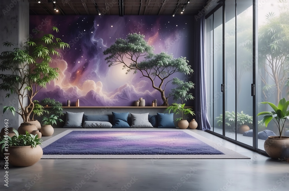 Poster A serene indoor space combines nature elements with a celestial mural and floor rug creating a calming atmosphere. Hints of greenery with big windows invite the outside in for relaxing time.