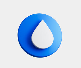 3d Blue circular button with a white droplet symbol in the center. 3D Illustration.